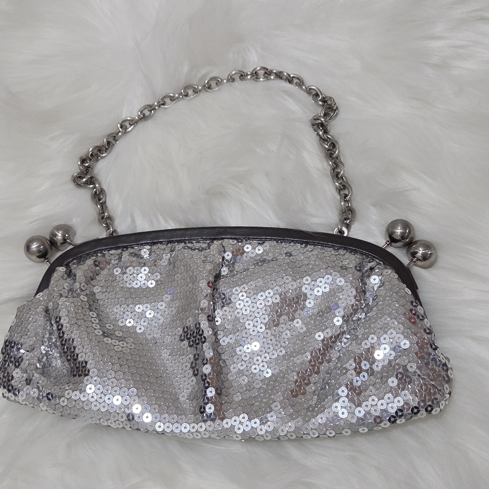 BCBGirls Max Azria Silver Sequin Kiss Lock Shoulder Clutch Bag